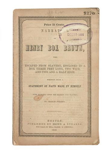 (SLAVE NARRATIVES.) BROWN, HENRY BOX. Narrative of Henry Box Brown, who Escaped from Slavery, Enclosed in a Box Three Feet Long, Two